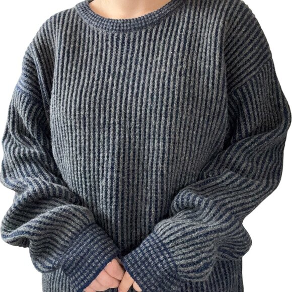 Vintage Mens Navy Blue Gray Ribbed 100% Wool Oversized Crew Neck Sweater Sz 1XL - Picture 3 of 9